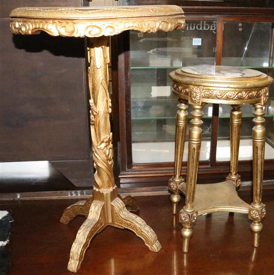 Circular carved giltwood marble topped jardiniere stand and a circular gilt painted wine table (2)